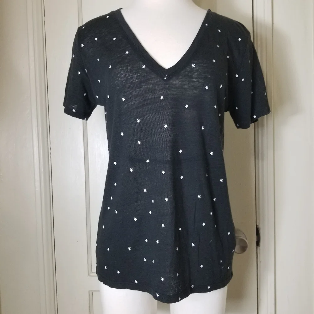 RAILS black white star Cara Black Twinkle linen blend short sleeve v neck top S - Picture 2 of 7